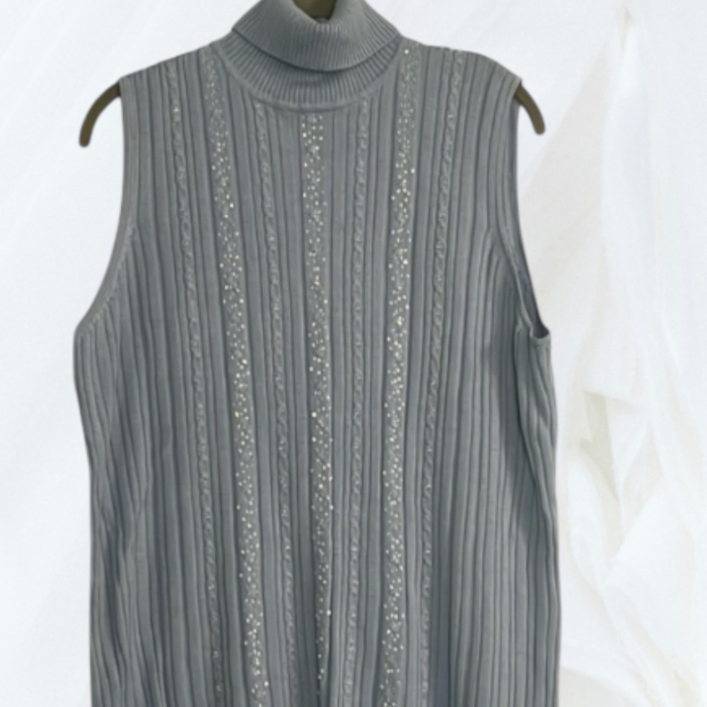 Requirements woman tank top size 2X ribbed knit w/beads blue turtleneck